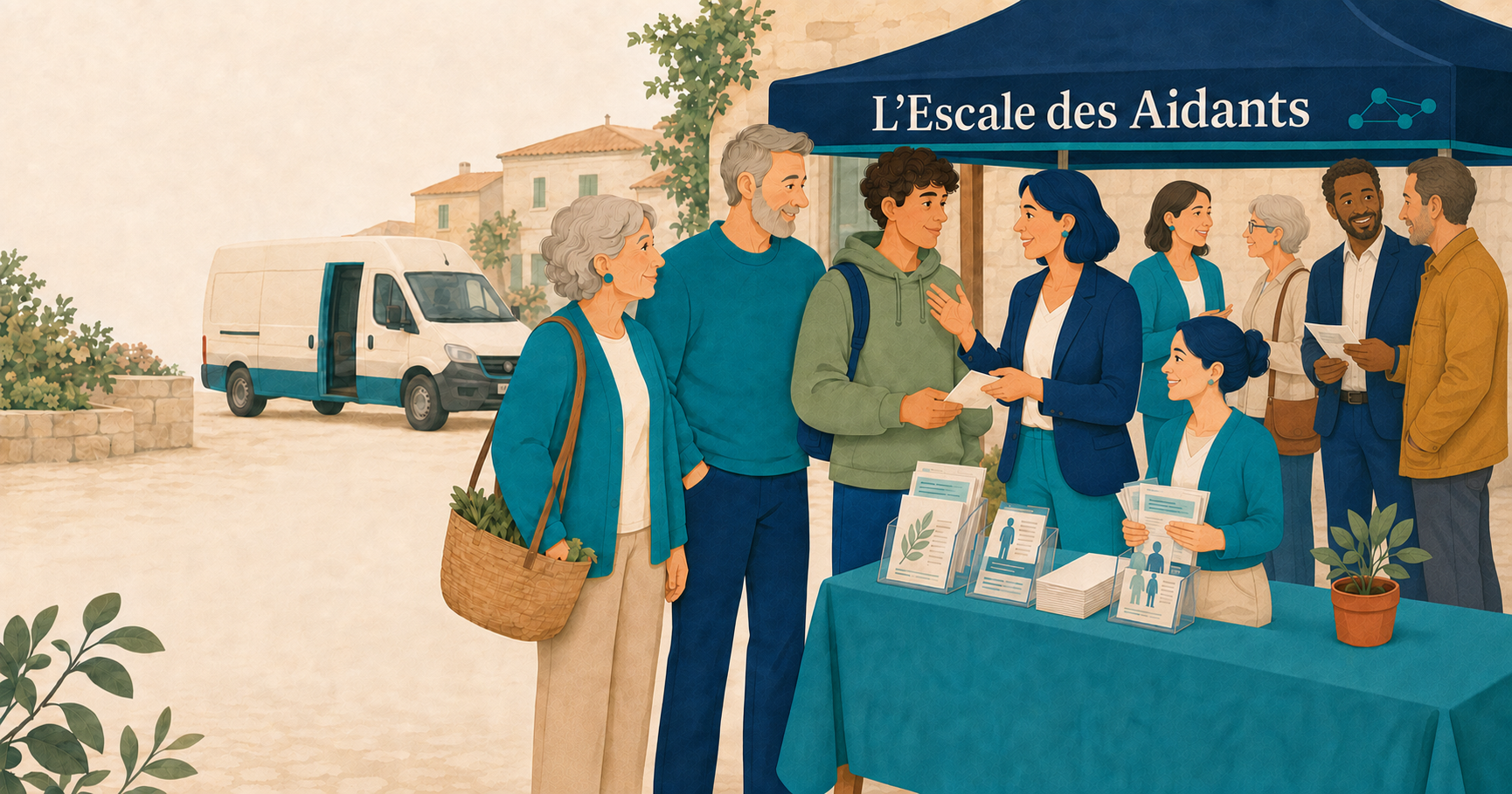 L’équipe accueille des habitants sous le chapiteau mobile.